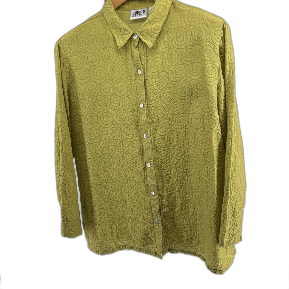 Chicos Design Size 2 (M) Lime Textured  Silk Button Front Tunic Blouse Slits